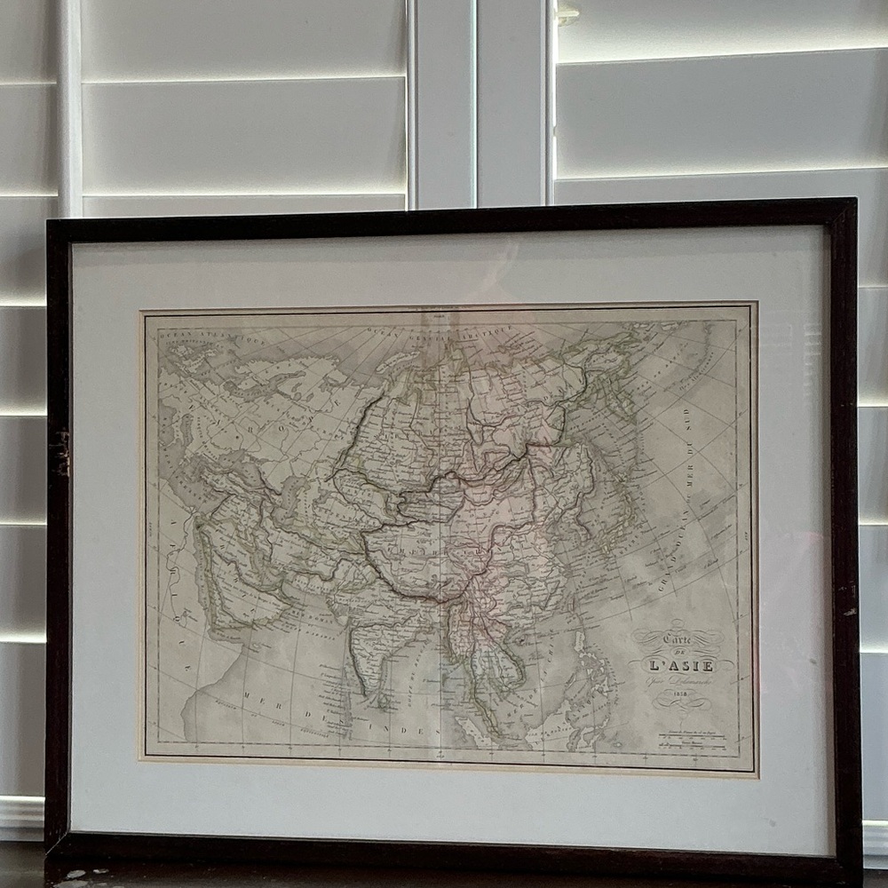 Antique 1800s French Map of Asia Framed, Original